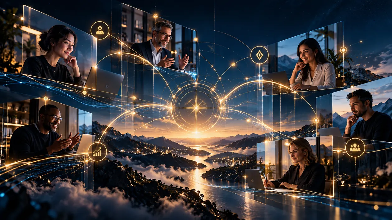 Conceptual illustration of professionals collaborating independently and remotely.