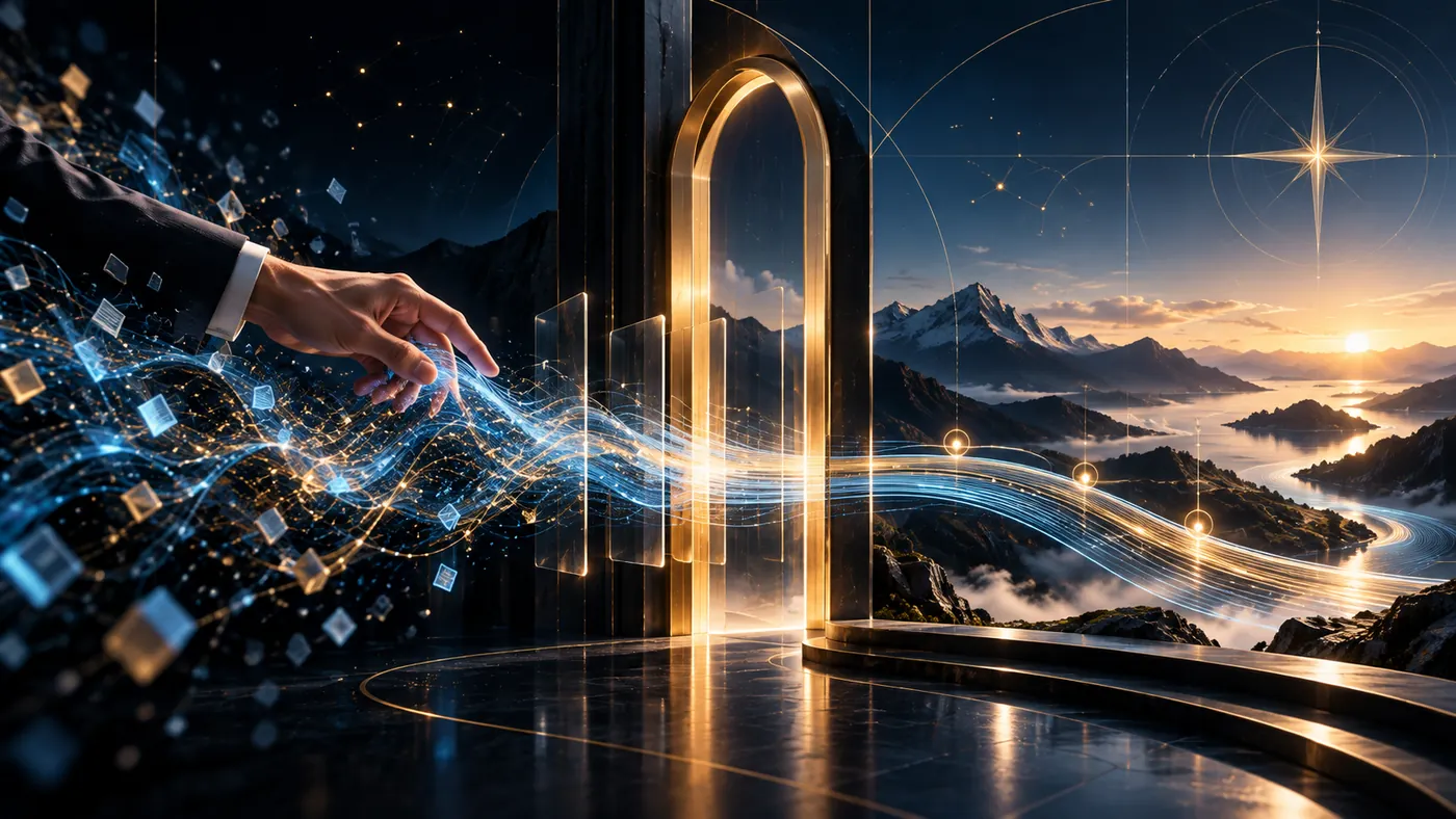 A person guides fragmented AI inputs into a clear, accountable decision path.