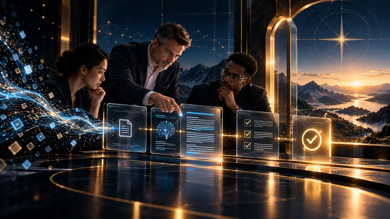 A conceptual team inspects AI-assisted work before final human approval.