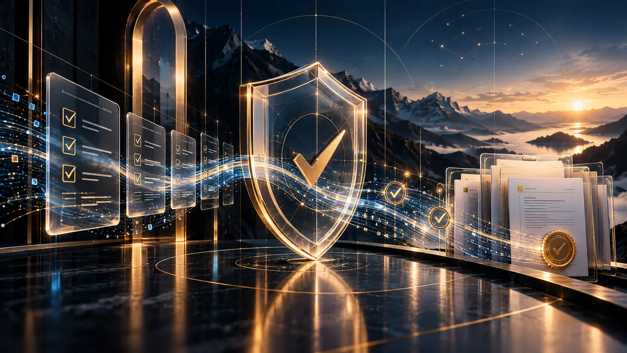 A verification checklist and evidence trail lead to a human decision record.